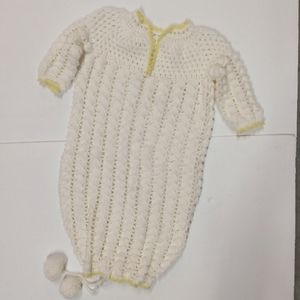 Vintage Hand Crochet Baby Gown White w/ Yellow Trim